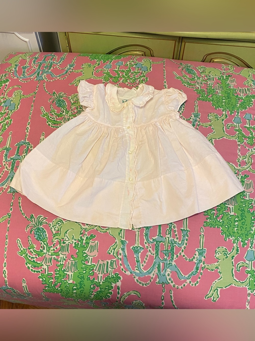 Vintage Antique Alfred Leon HandMade pink & white scallop embroidered baby dress
